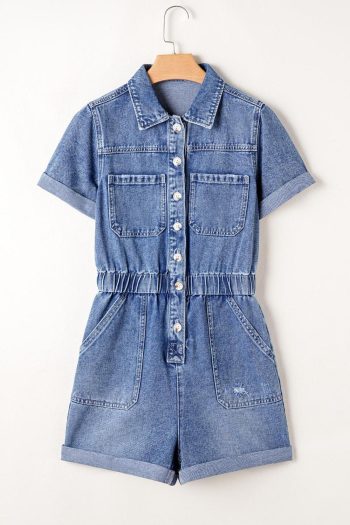 Women Rompers | Dusk Blue Chest Pocket Front Buttoned Folded Edge Denim Short Sleeve Romper